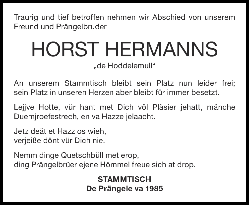  Traueranzeige für Horst Hermanns vom 22.06.2022 aus Aachener Zeitung / Aachener Nachrichten