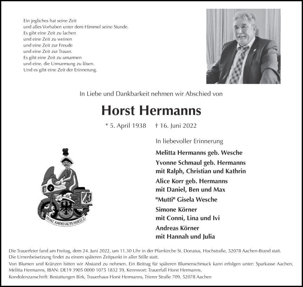  Traueranzeige für Horst Hermanns vom 25.06.2022 aus Aachener Zeitung / Aachener Nachrichten