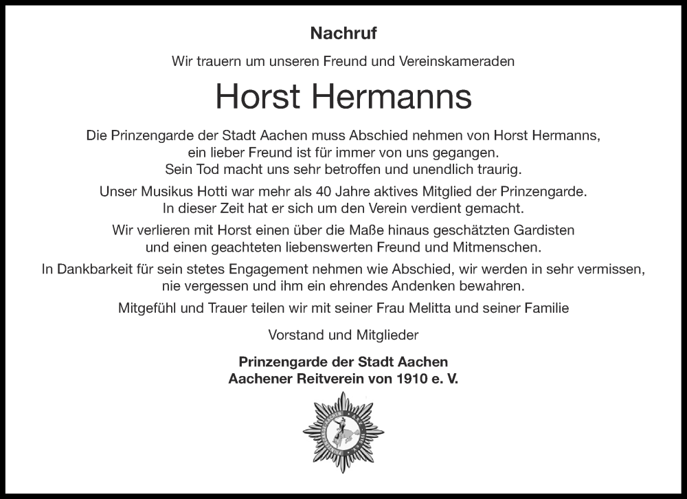  Traueranzeige für Horst Hermanns vom 25.06.2022 aus Aachener Zeitung / Aachener Nachrichten