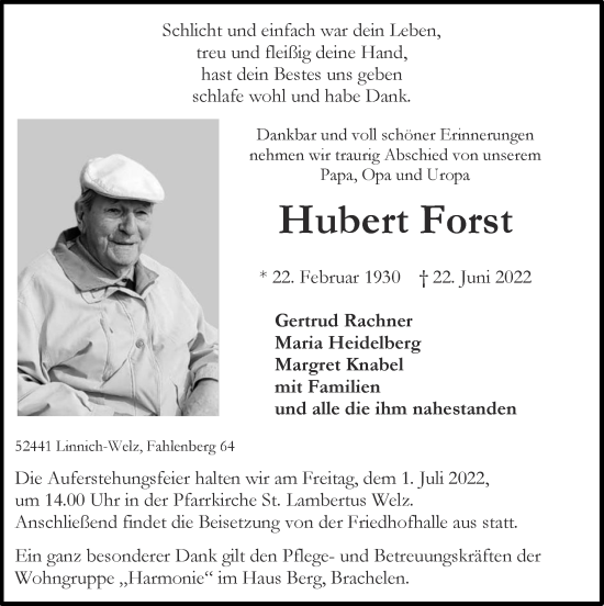 Traueranzeige von Hubert Forst von Zeitung am Sonntag
