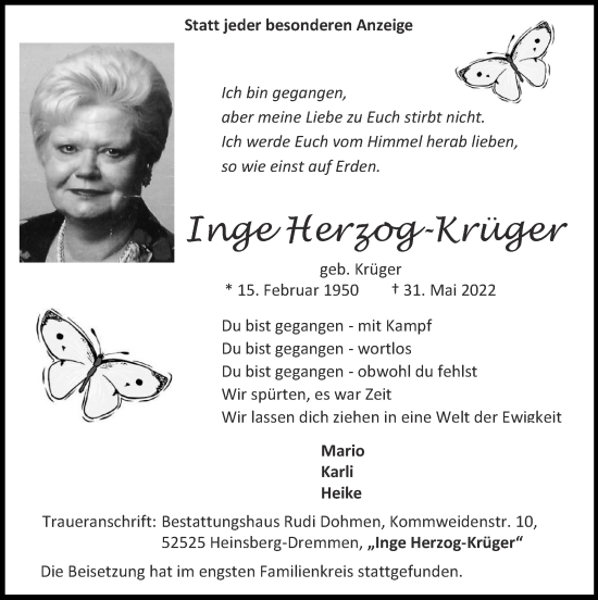 Traueranzeige von Inge Herzog-Krüger von Zeitung am Sonntag