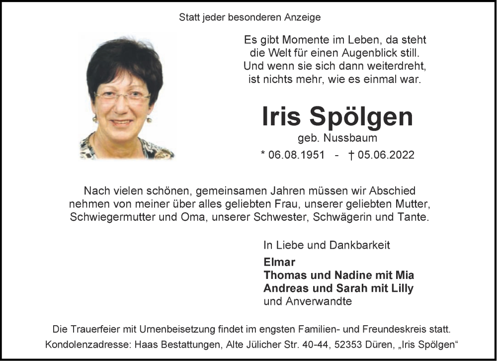  Traueranzeige für Iris Spölgen vom 18.06.2022 aus Aachener Zeitung / Aachener Nachrichten