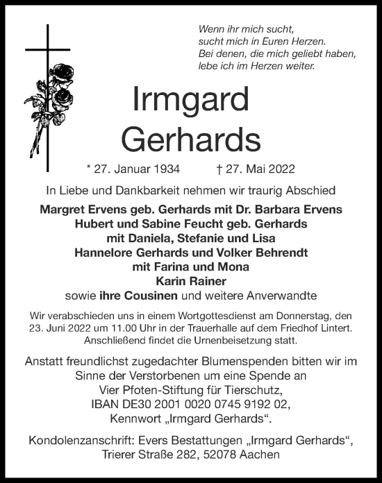 Traueranzeige von Irmgard Gerhards von Zeitung am Sonntag