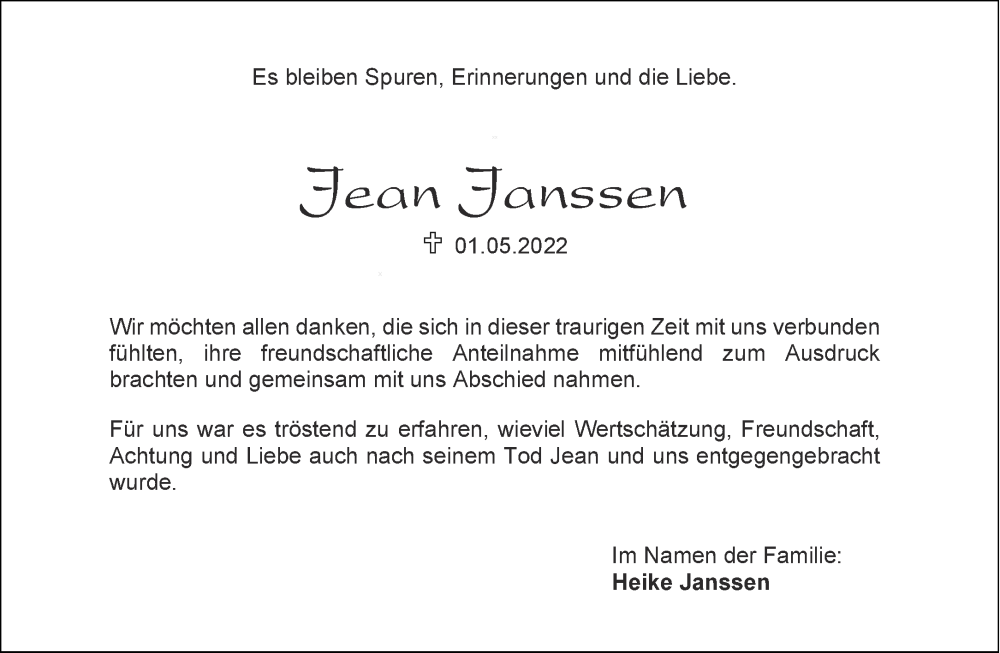  Traueranzeige für Jean Janssen vom 11.06.2022 aus Aachener Zeitung / Aachener Nachrichten