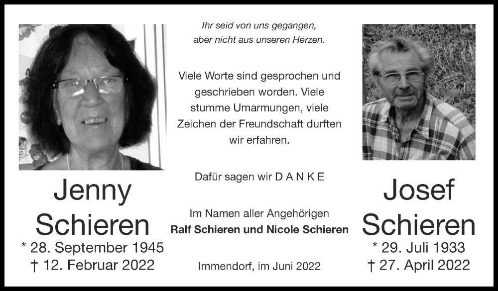  Traueranzeige für Jenny Schieren vom 12.06.2022 aus Zeitung am Sonntag