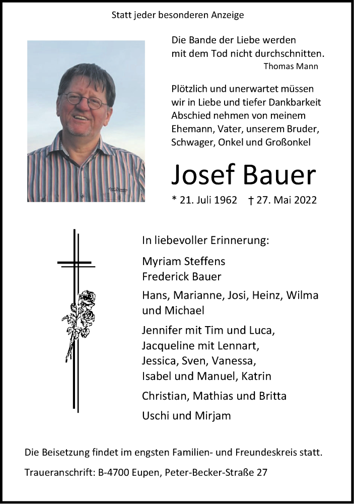  Traueranzeige für Josef Bauer vom 05.06.2022 aus Zeitung am Sonntag