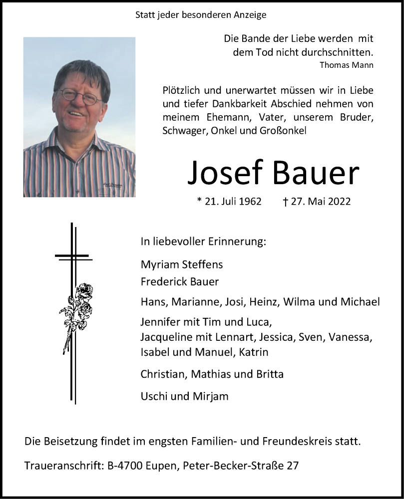  Traueranzeige für Josef Bauer vom 04.06.2022 aus Aachener Zeitung / Aachener Nachrichten