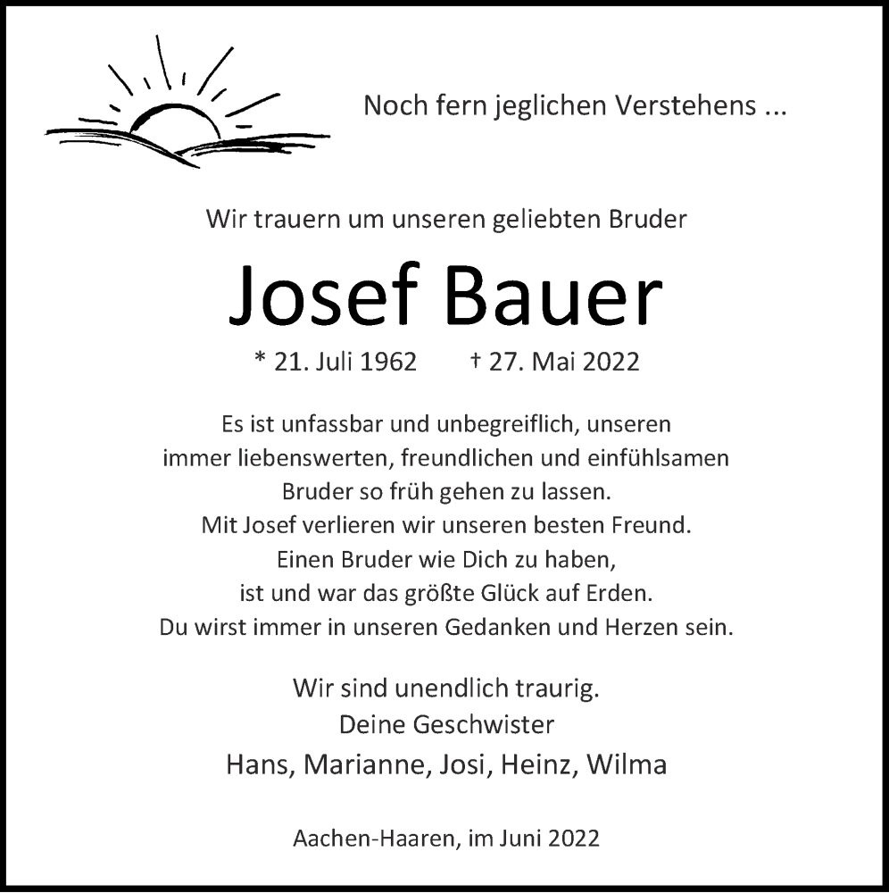  Traueranzeige für Josef Bauer vom 05.06.2022 aus Zeitung am Sonntag