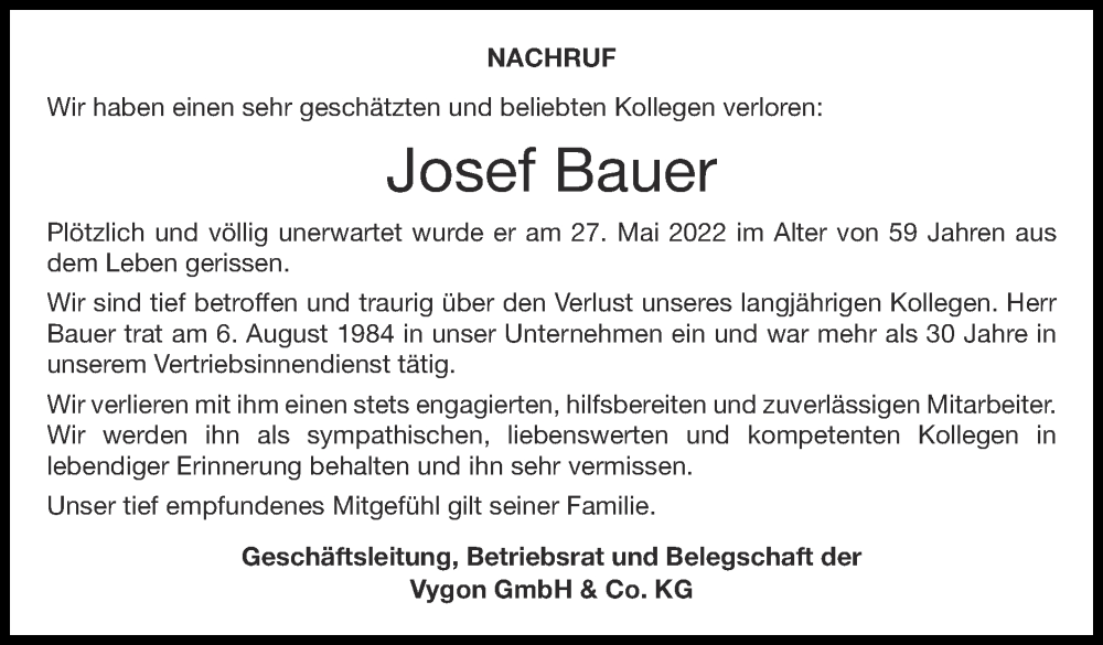  Traueranzeige für Josef Bauer vom 12.06.2022 aus Zeitung am Sonntag