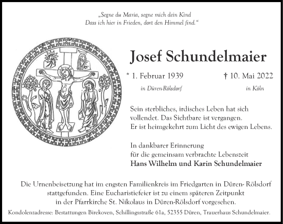 Traueranzeige von Josef Schundelmaier von Zeitung am Sonntag