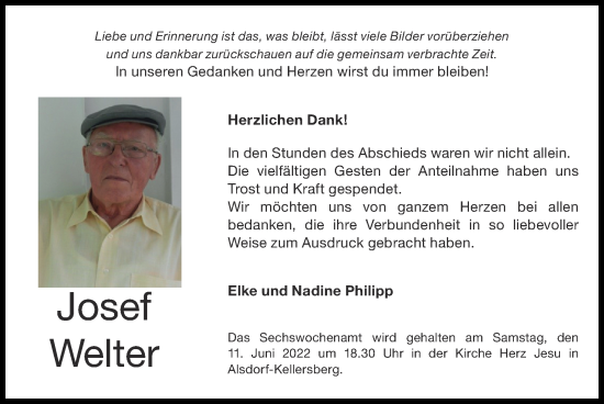 Traueranzeige von Josef Welter von Zeitung am Sonntag