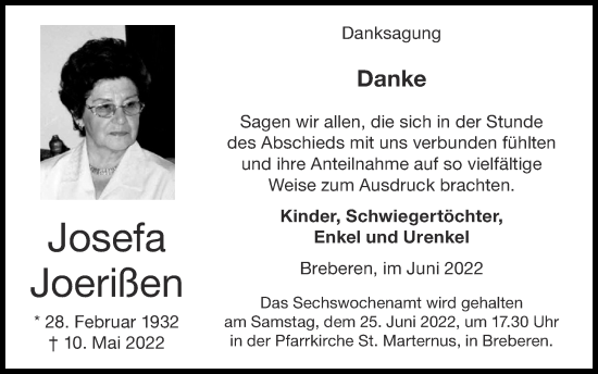 Traueranzeige von Josefa Joerißen von Zeitung am Sonntag