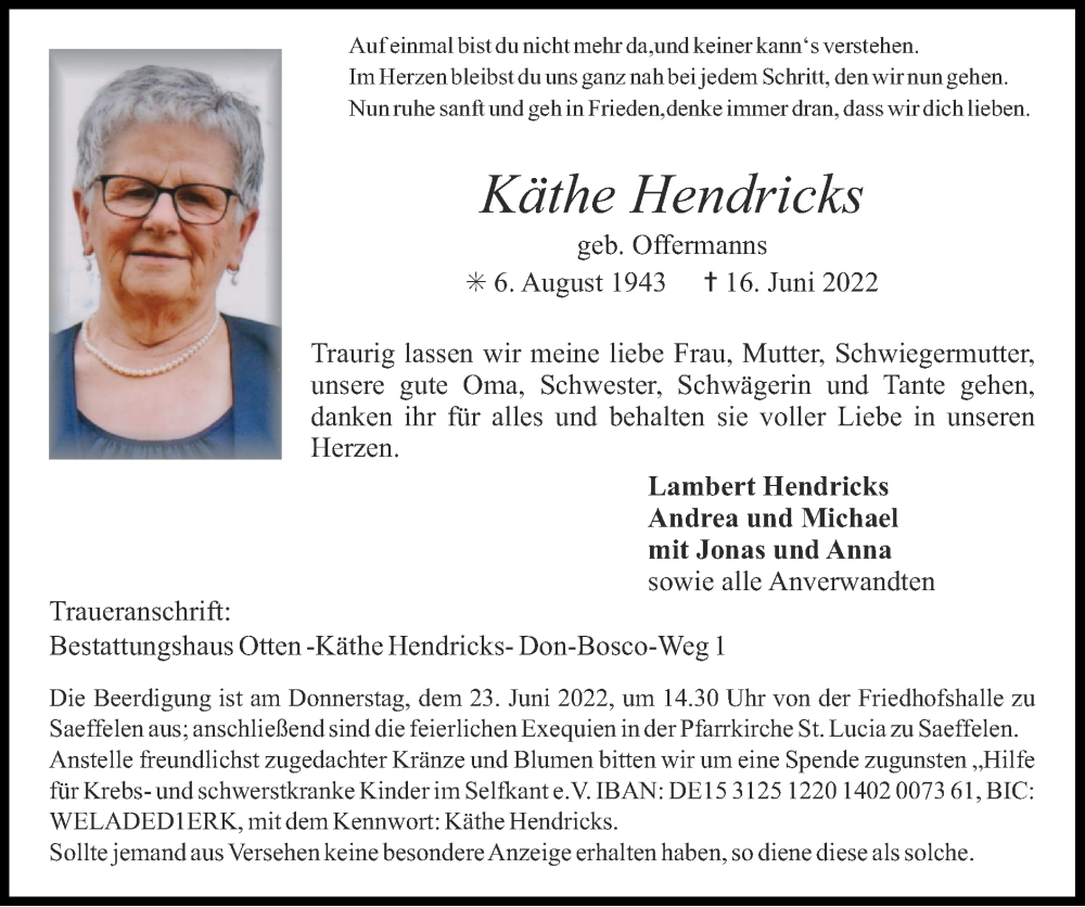  Traueranzeige für Käthe Hendricks vom 19.06.2022 aus Zeitung am Sonntag