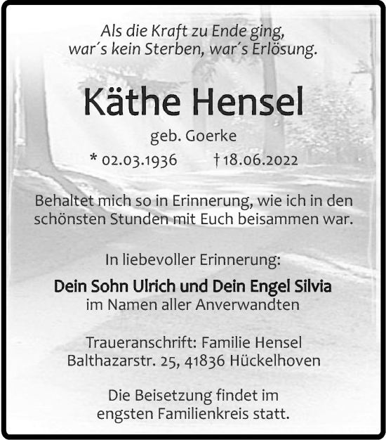 Traueranzeige von Käthe Hensel von Zeitung am Sonntag