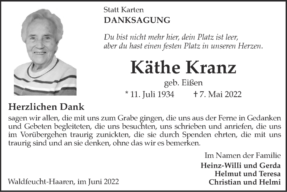  Traueranzeige für Käthe Kranz vom 05.06.2022 aus Zeitung am Sonntag