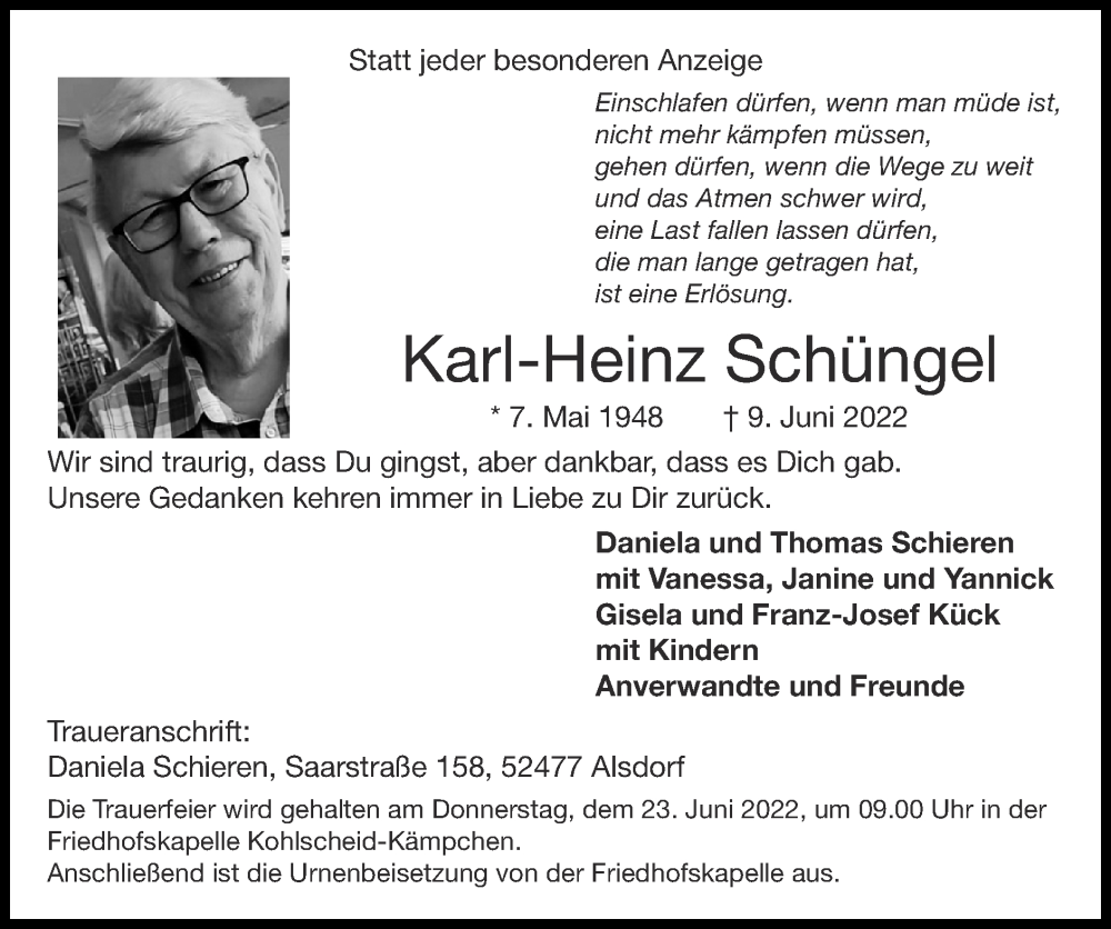  Traueranzeige für Karl-Heinz Schüngel vom 19.06.2022 aus Zeitung am Sonntag