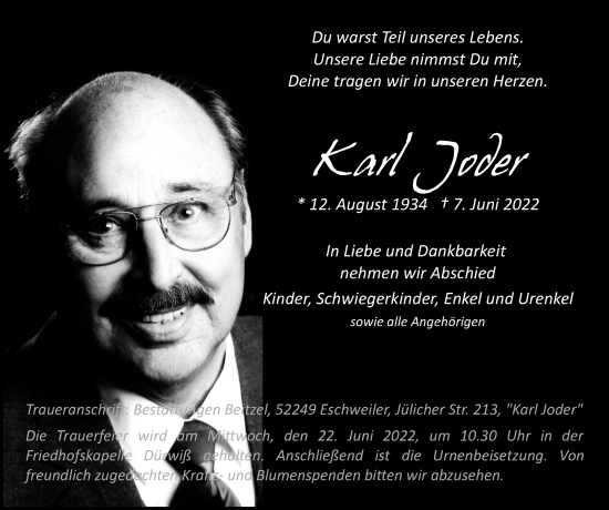 Traueranzeige von Karl Joder von Zeitung am Sonntag