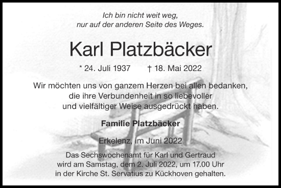 Traueranzeige von Karl Platzbäcker von Zeitung am Sonntag