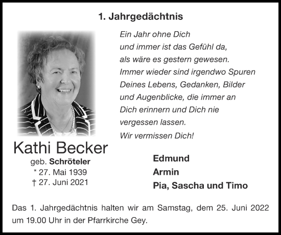 Traueranzeige von Kathi Becker von Zeitung am Sonntag