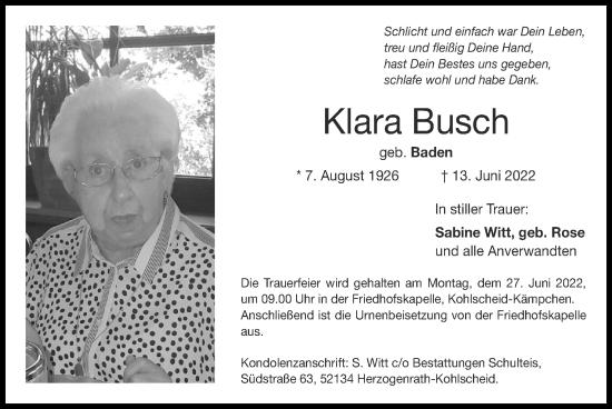 Traueranzeige von Klara Busch von Zeitung am Sonntag