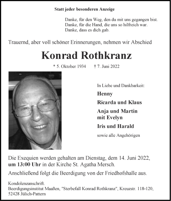 Traueranzeige von Konrad Rothkranz von Zeitung am Sonntag