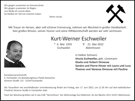 Traueranzeige von Kurt-Werner Eschweiler von Zeitung am Sonntag