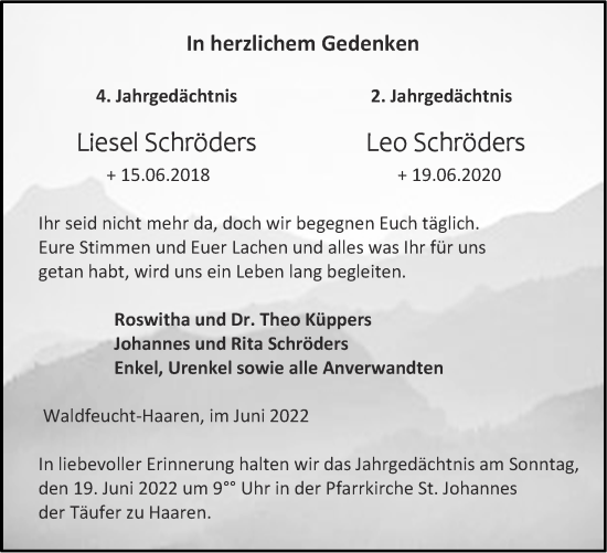 Traueranzeige von Liesel Schröders von Zeitung am Sonntag