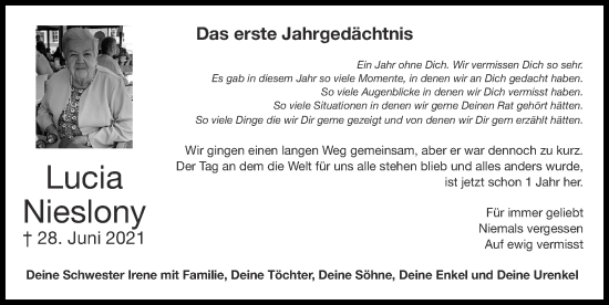 Traueranzeige von Lucia Nieslony von Zeitung am Sonntag