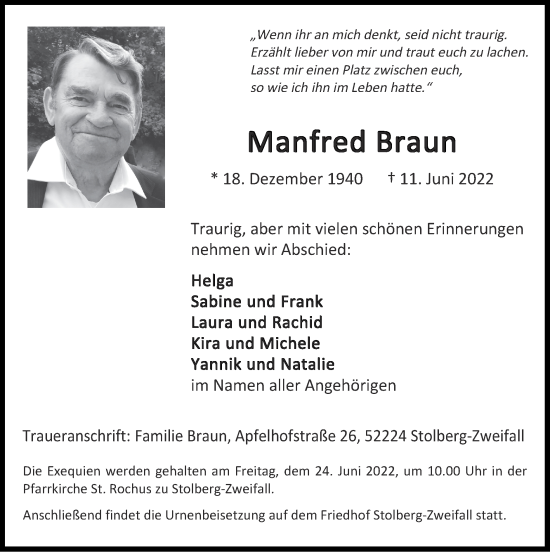 Traueranzeige von Manfred Braun von Zeitung am Sonntag