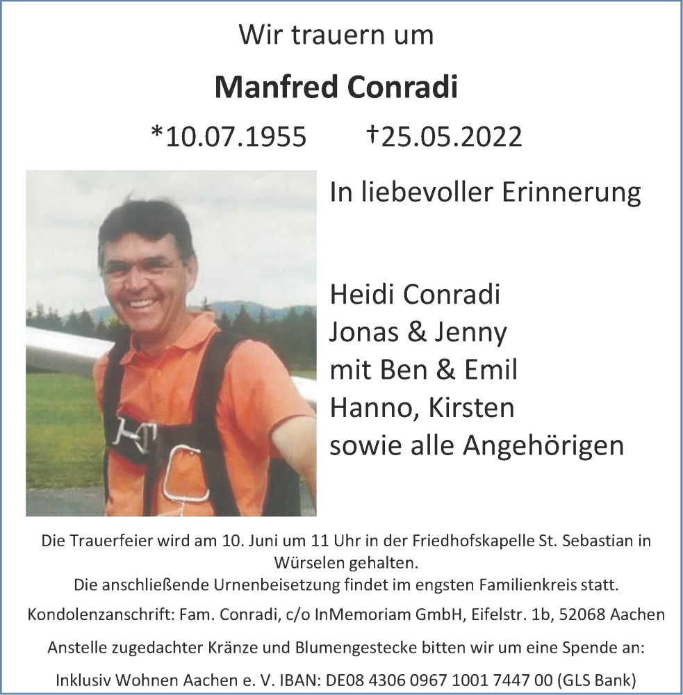  Traueranzeige für Manfred Conradi vom 04.06.2022 aus Aachener Zeitung / Aachener Nachrichten
