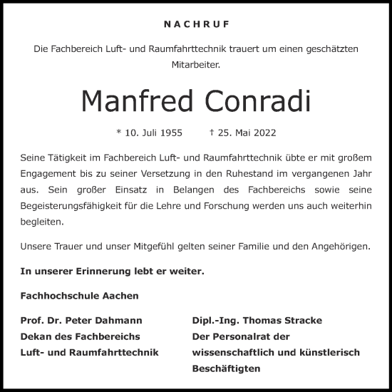Traueranzeige von Manfred Conradi von Aachener Zeitung / Aachener Nachrichten