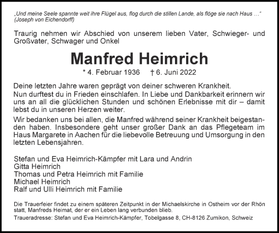 Traueranzeige von Manfred Heimrich von Zeitung am Sonntag