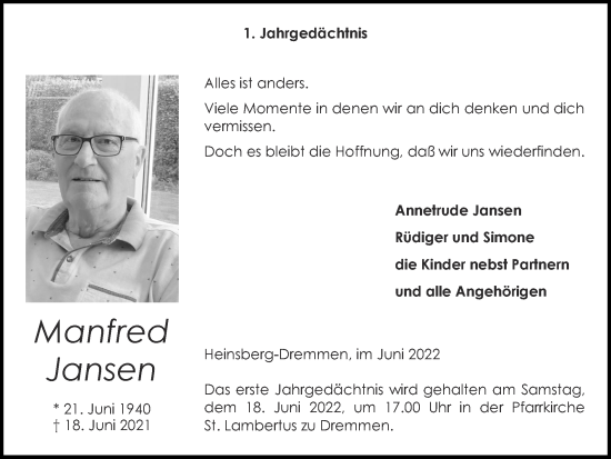 Traueranzeige von Manfred Jansen von Zeitung am Sonntag