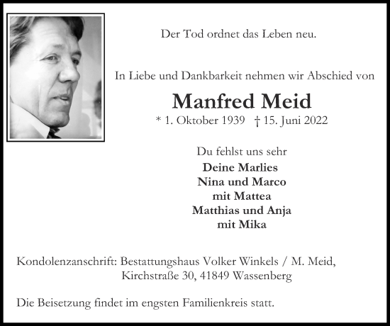 Traueranzeige von Manfred Meid von Zeitung am Sonntag