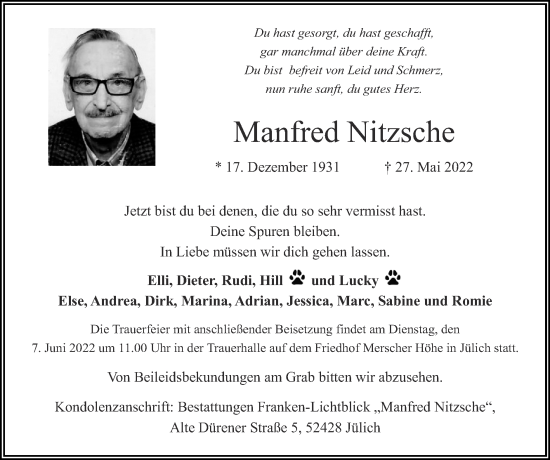 Traueranzeige von Manfred Nitzsche von Zeitung am Sonntag