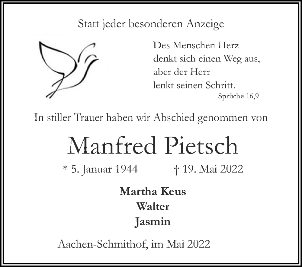  Traueranzeige für Manfred Pietsch vom 05.06.2022 aus Zeitung am Sonntag