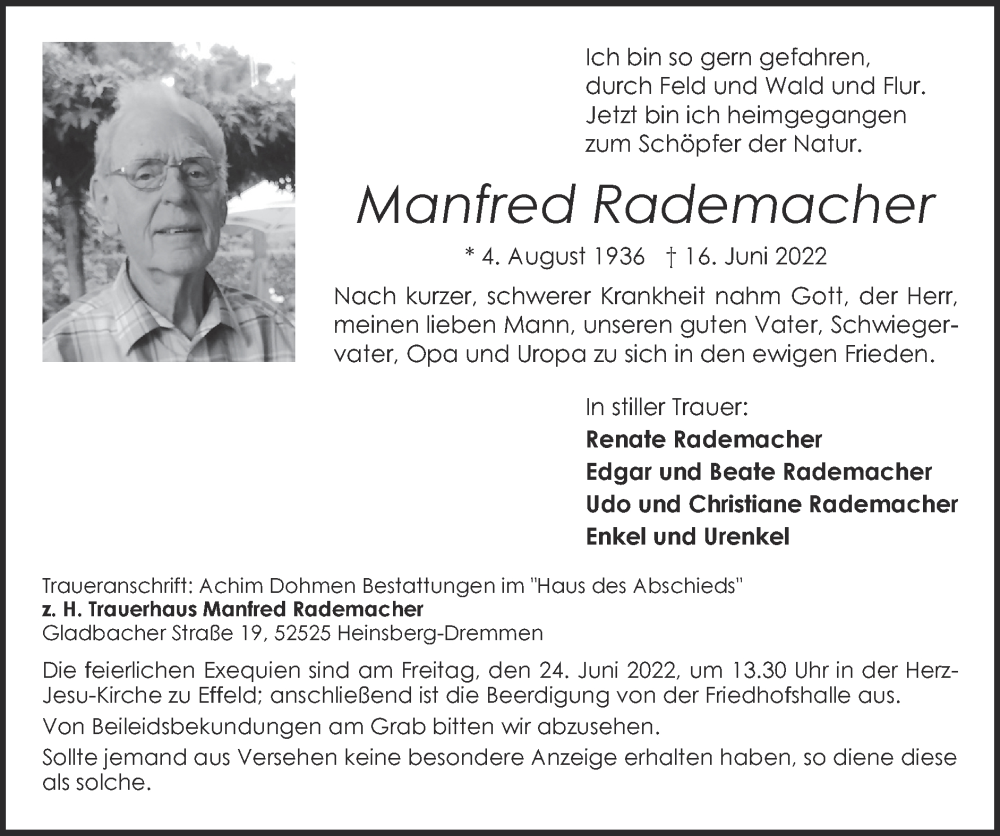  Traueranzeige für Manfred Rademacher vom 19.06.2022 aus Zeitung am Sonntag