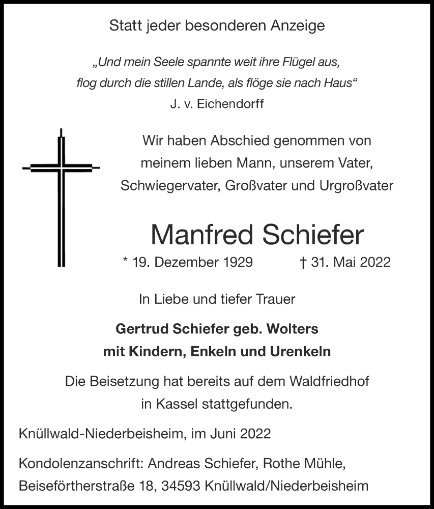  Traueranzeige für Manfred Schiefer vom 12.06.2022 aus Zeitung am Sonntag