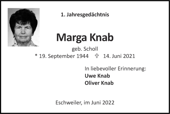 Traueranzeige von Marga Knab von Zeitung am Sonntag