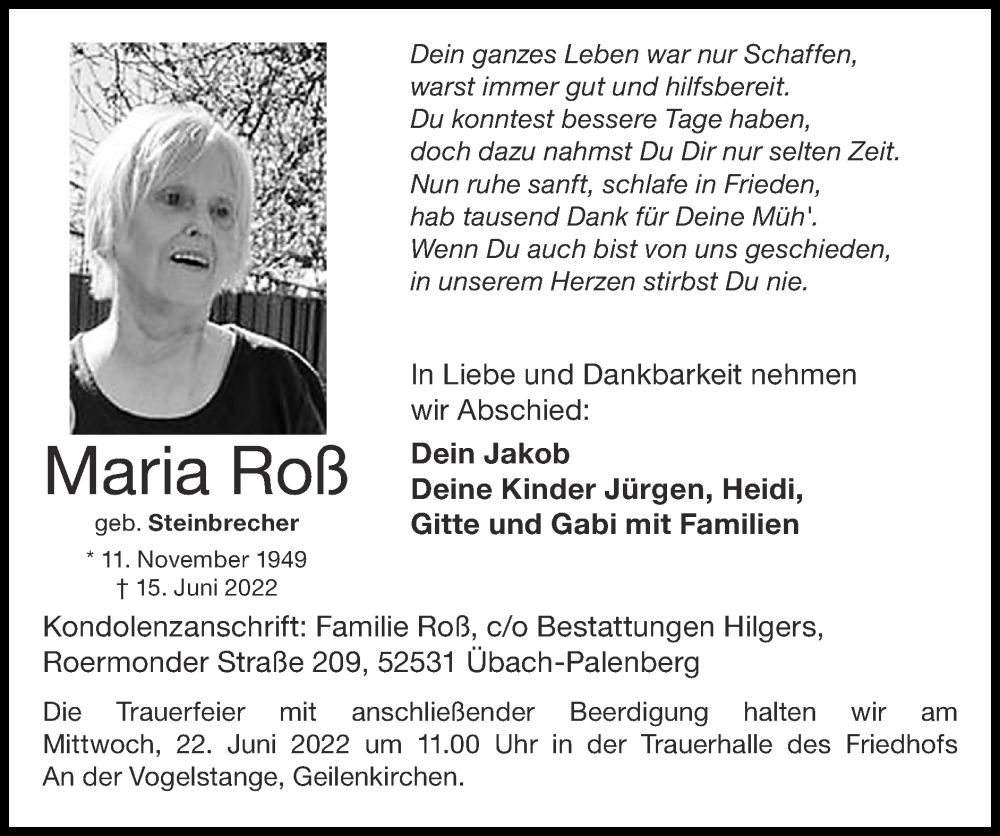  Traueranzeige für Maria Roß vom 19.06.2022 aus Zeitung am Sonntag