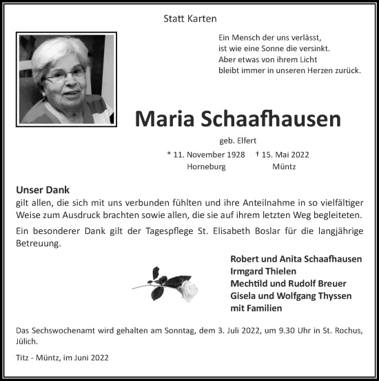 Traueranzeige von Maria Schaafhausen von Zeitung am Sonntag