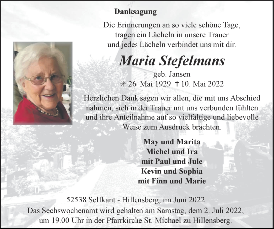 Traueranzeige von Maria Stefelmans von Zeitung am Sonntag