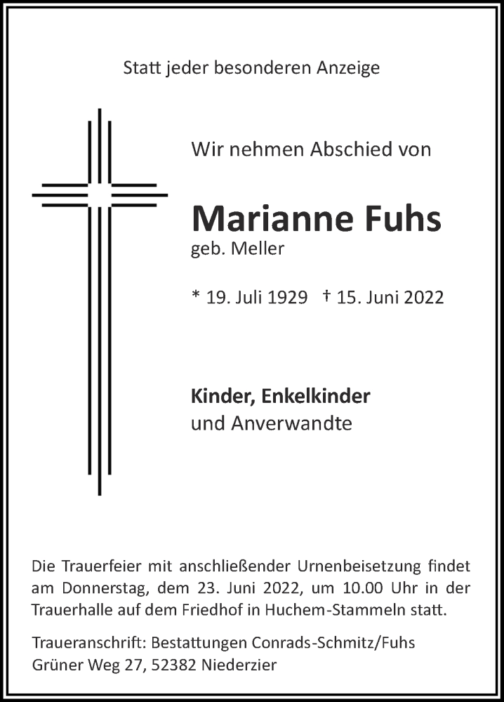  Traueranzeige für Marianne Fuhs vom 19.06.2022 aus Zeitung am Sonntag