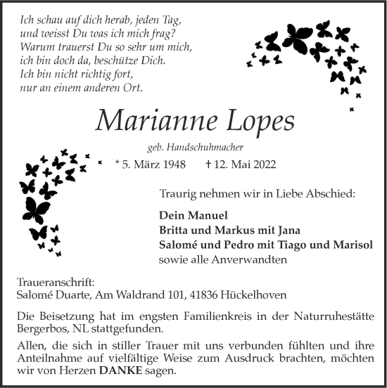 Traueranzeige von Marianne Lopes von Zeitung am Sonntag