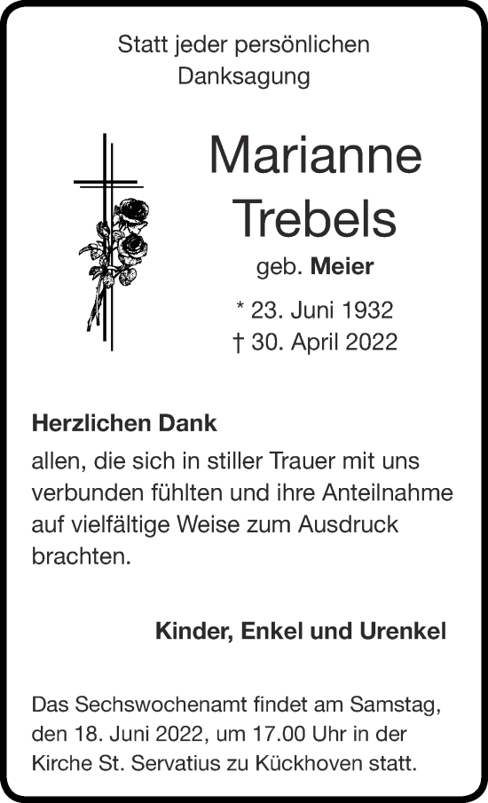 Traueranzeige von Marianne Trebels von Zeitung am Sonntag