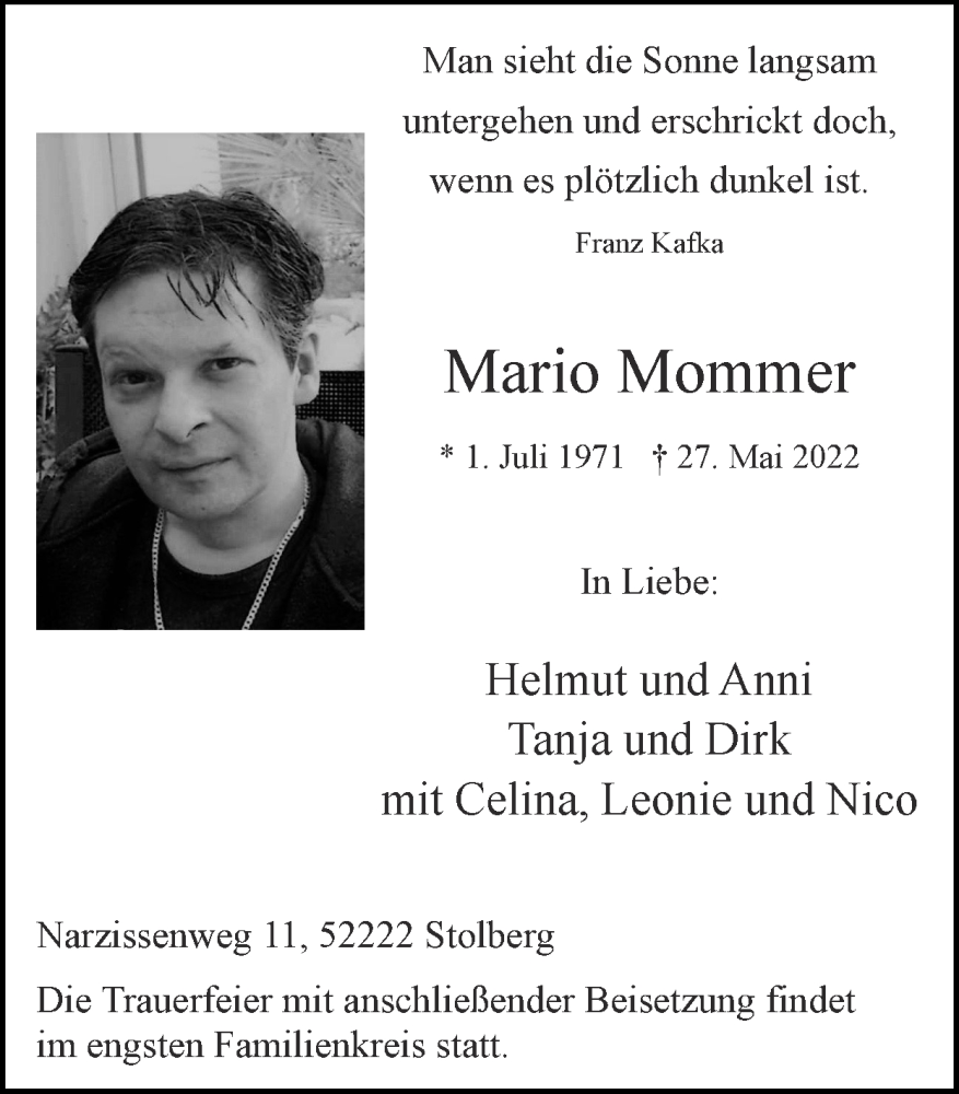  Traueranzeige für Mario Mommer vom 12.06.2022 aus Zeitung am Sonntag