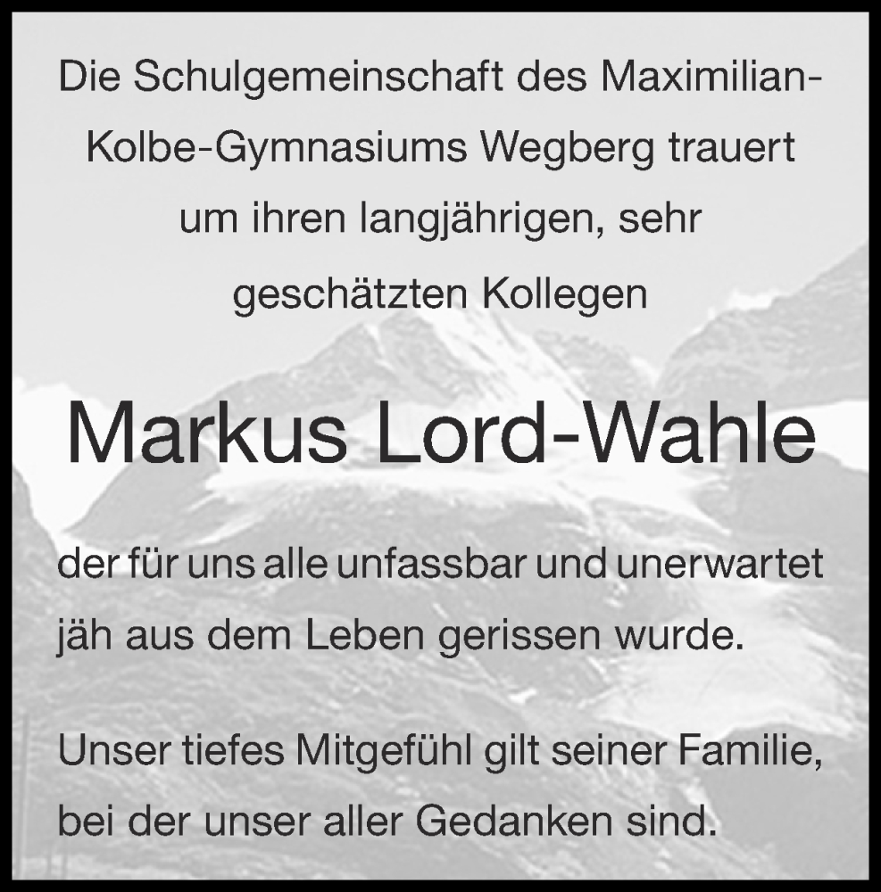  Traueranzeige für Markus Lord-Wahle vom 19.06.2022 aus Zeitung am Sonntag