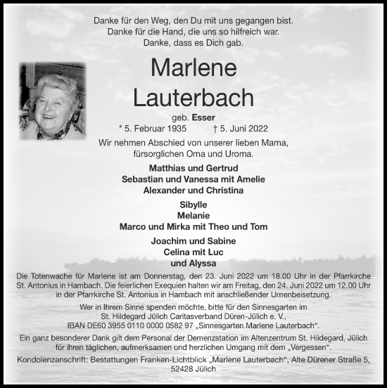 Traueranzeige von Marlene Lauterbach von Zeitung am Sonntag