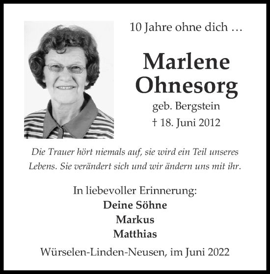 Traueranzeige von Marlene Ohnesorg von Zeitung am Sonntag