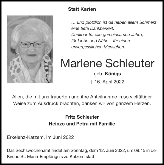 Traueranzeige von Marlene Schleuter von Zeitung am Sonntag